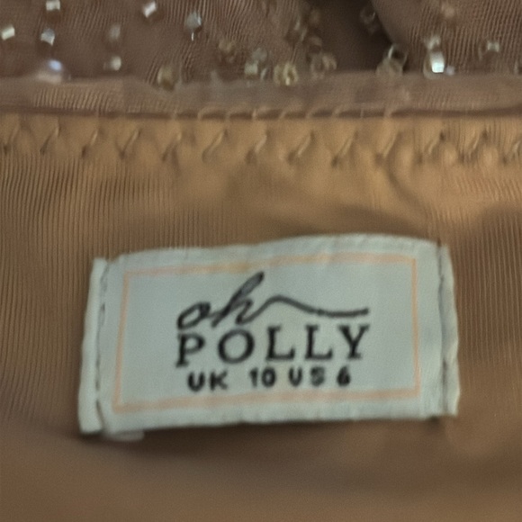 OH POLLY Chelsea Embellished Wrap Over A-Line Mini Dress Beige Pearl Sz 6 Party - Picture 12 of 12